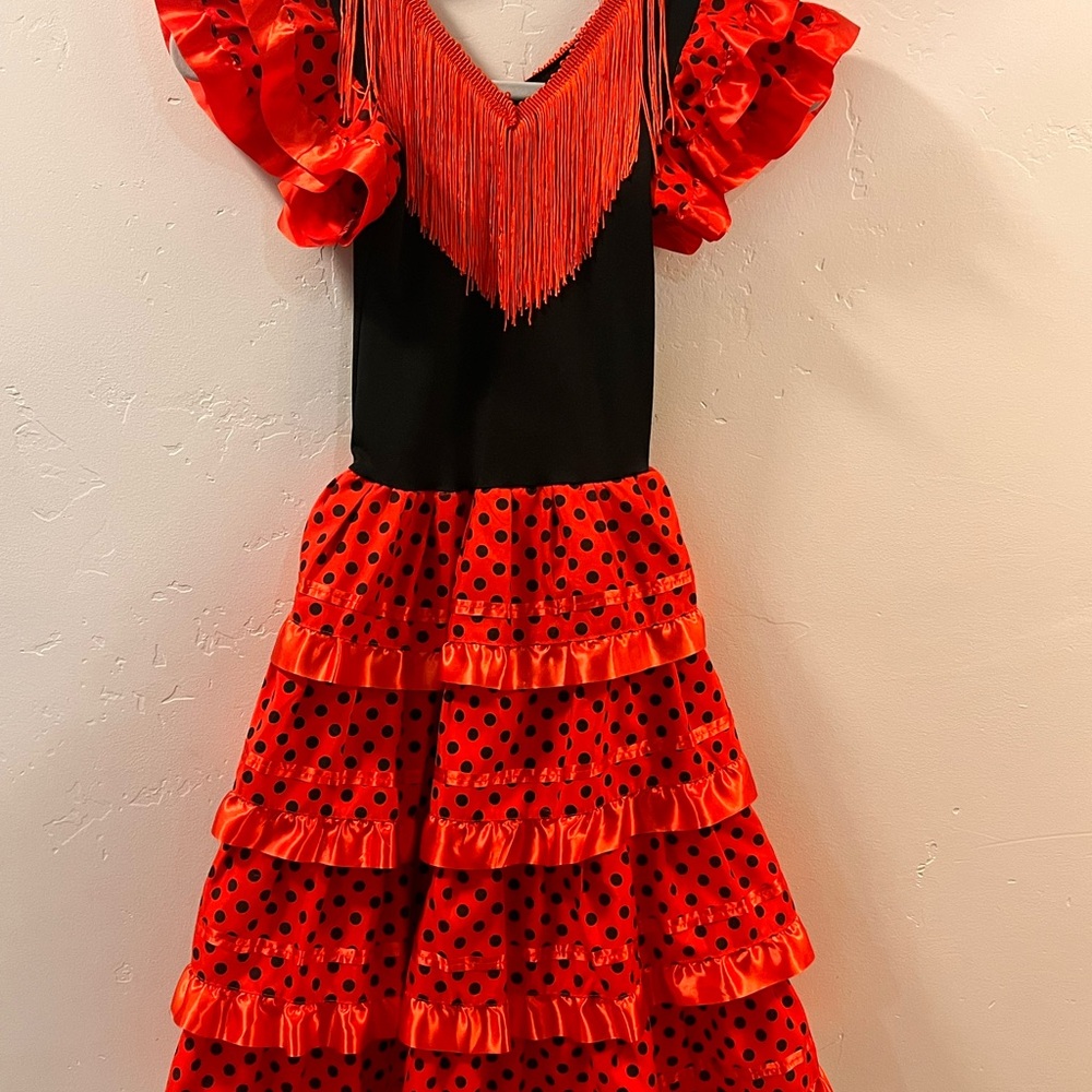 Spanish Red and Black Flamenco Kids Costume Dress Size 8